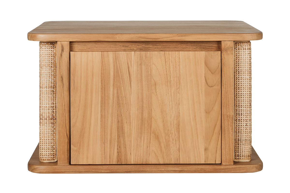 Mobile da bagno sospeso in teak massello con ante in intreccio di rattan, vista frontale.
