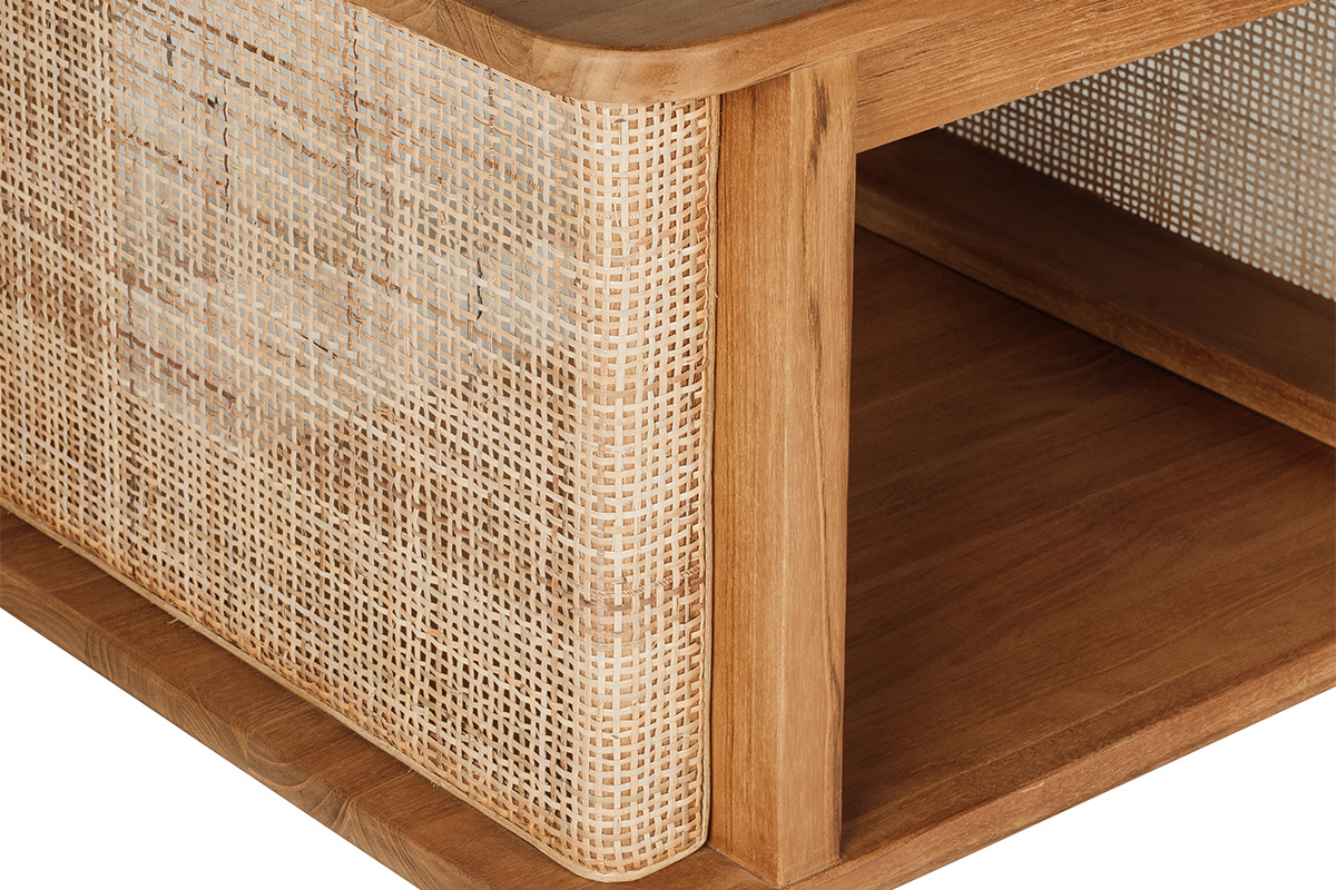 Mobile da bagno sospeso in legno massello di teak e intreccio in rattan, angolo superiore destro.