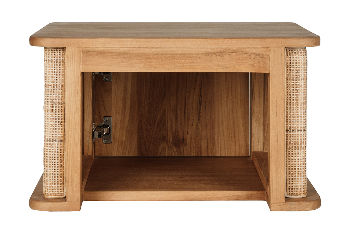 Mobile da bagno sospeso in legno teak e cannage in rattan, vista posteriore, L60 cm.