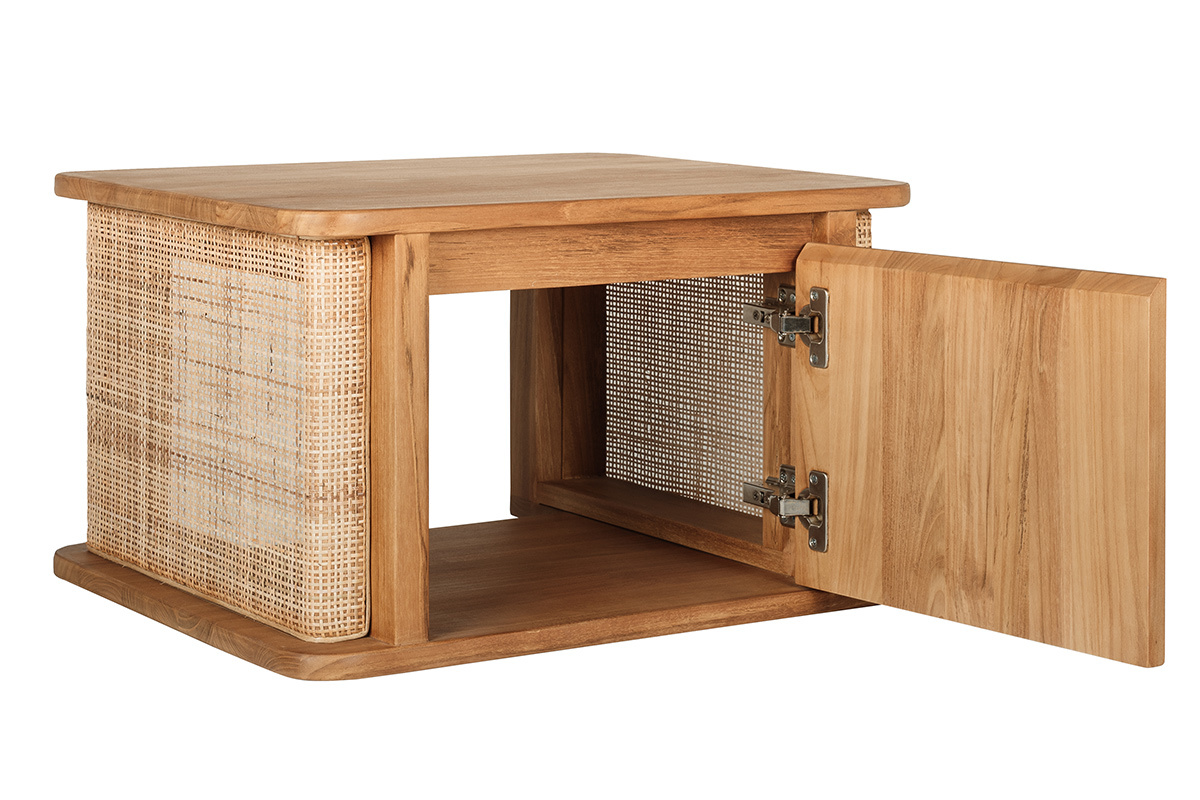 Mobile bagno sospeso in legno massello di teak con anta in vimini intrecciato in rattan, vista frontale.