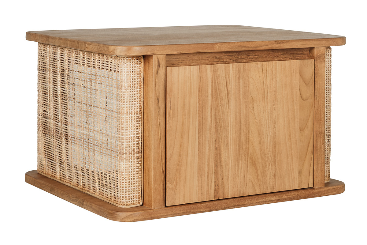 Mobile da bagno sospeso in legno teak con intreccio in rattan, vista in tre quarti.