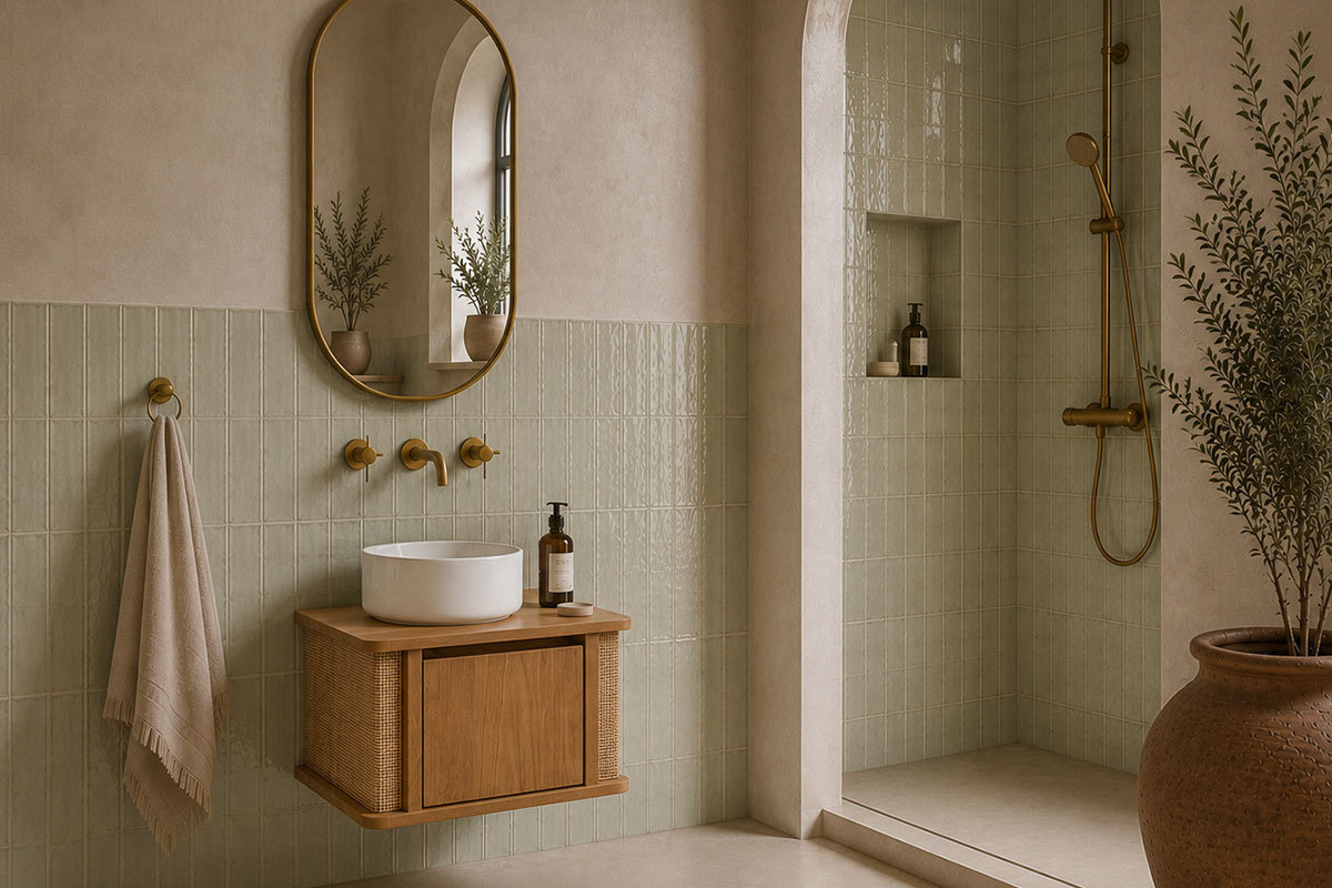 Mobile da bagno sospeso in legno massello di teak e intreccio in rattan L60 cm SOLEA