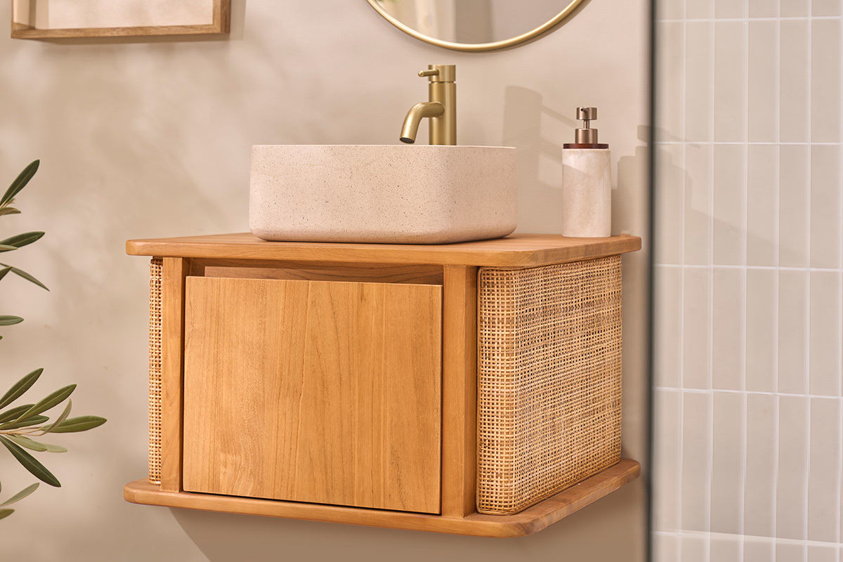 Mobile da bagno sospeso in legno massello di teak e intreccio in rattan L60 cm SOLEA