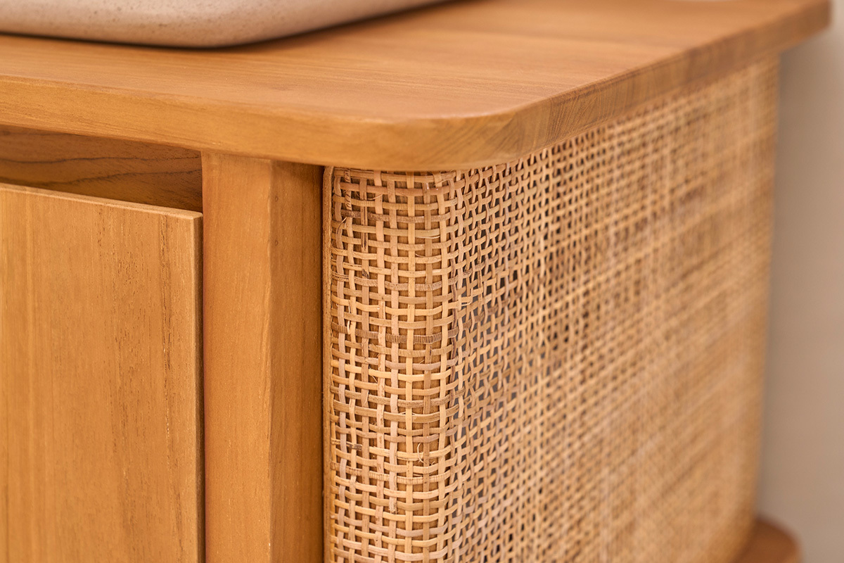 Mobile da bagno sospeso in legno massello di teak e intreccio in rattan L60 cm SOLEA