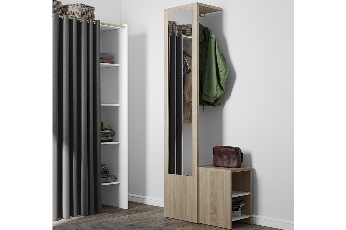Mobile da ingresso modulabile con guardaroba, specchio e mensola in legno OLLY