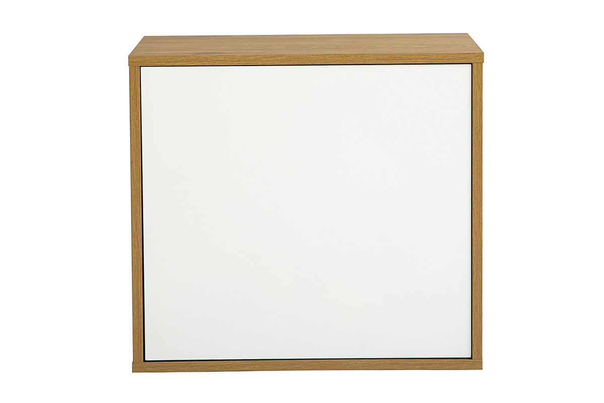 Rangement mural bianco e legno chiaro rovere, vista frontale, dimensioni L55 x P30 x H50 cm