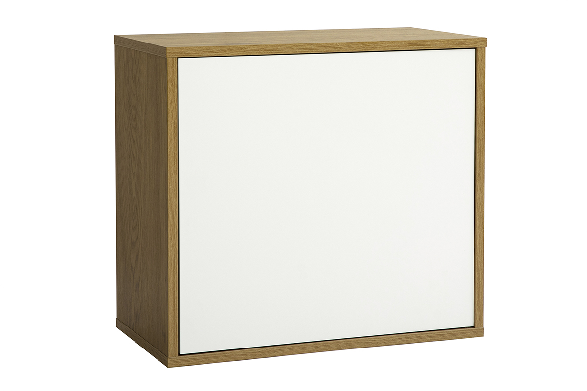 Rangimento murale FLEXO finitura bianca e legno rovere, vista a 3/4, dimensioni L55 cm.