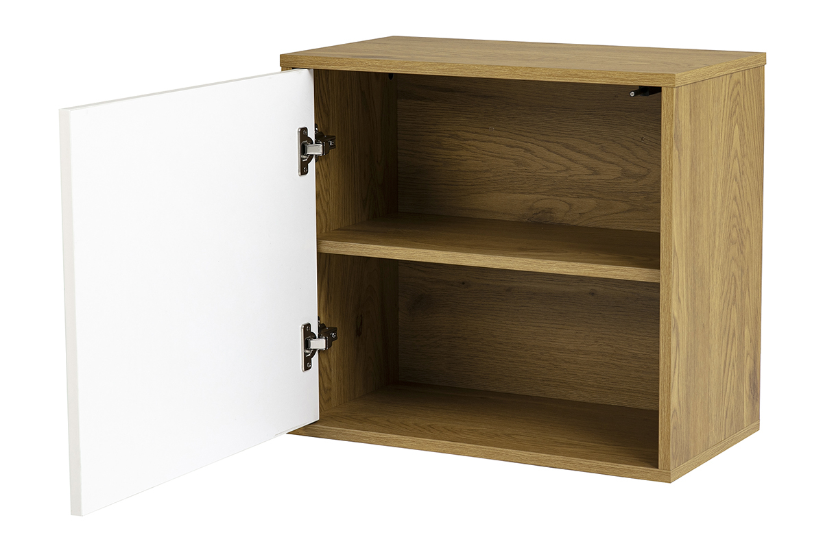 Mobile da parete FLEXO bianco e legno chiaro effetto rovere con porta aperta, vista frontale.