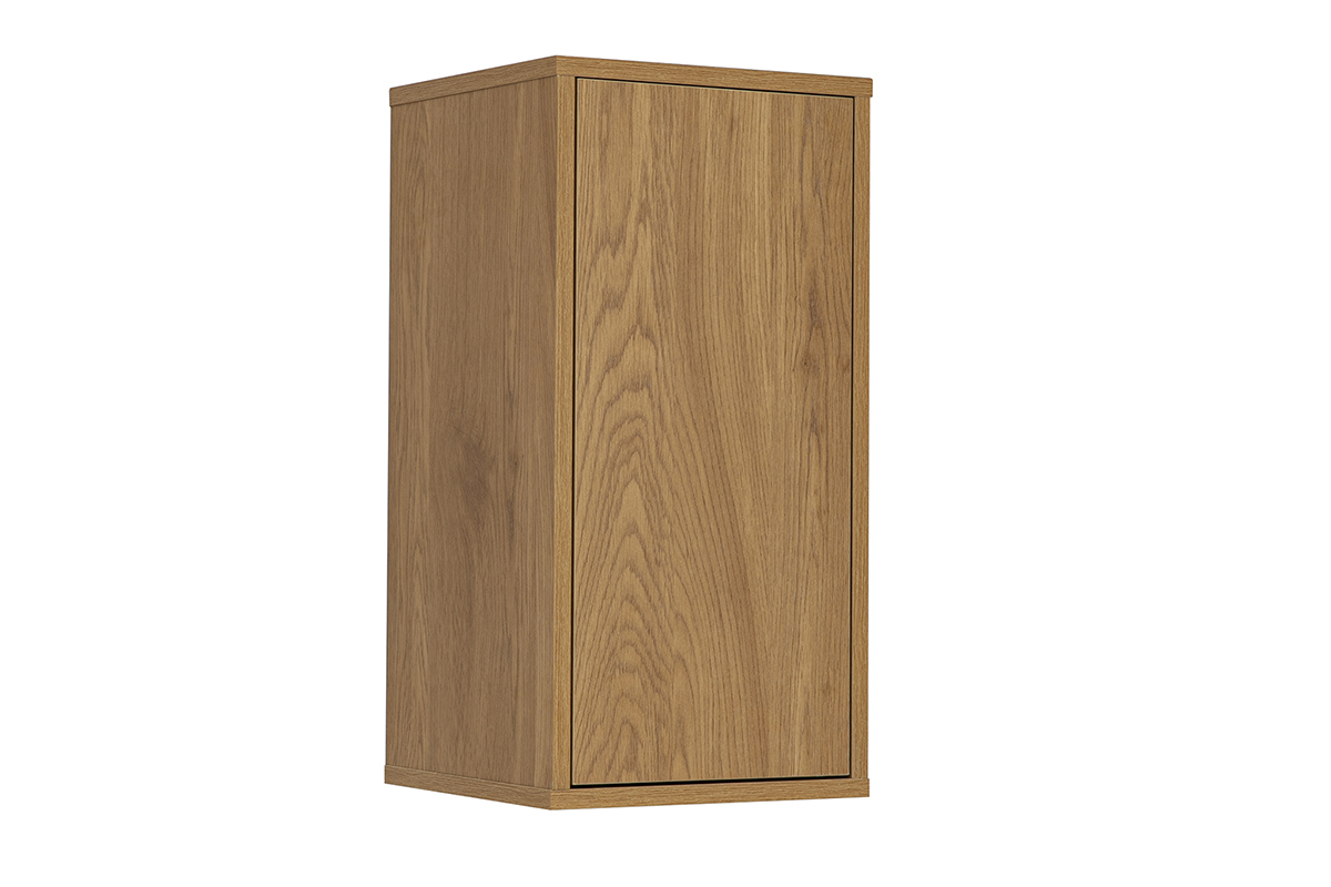 Mensola da parete in legno chiaro di quercia, formato verticale, vista in tre quarti, dimensioni L30 x P30 x H60 cm.