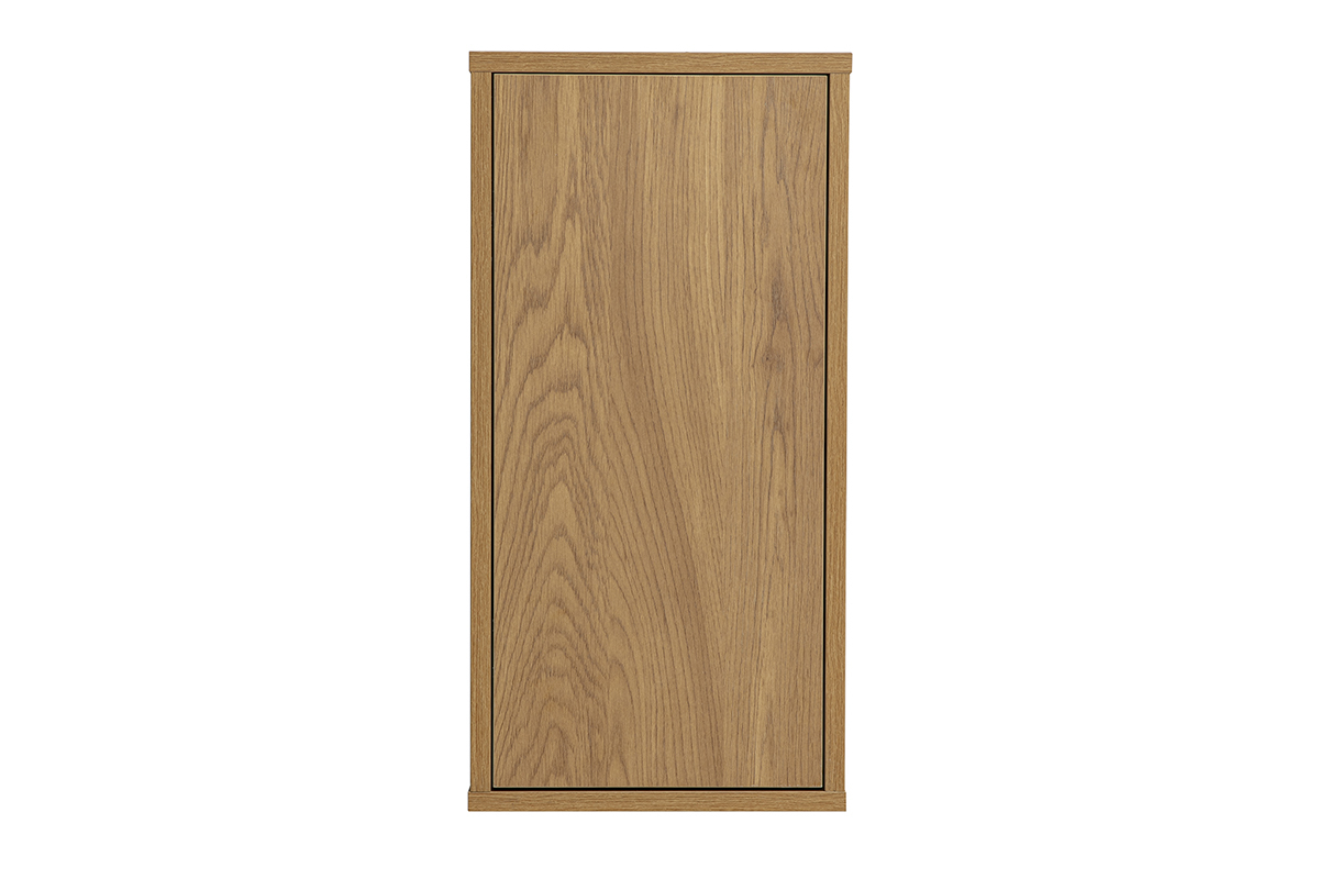 Organizzazione murale in legno chiaro di quercia, vista frontale, finitura liscia e curata.