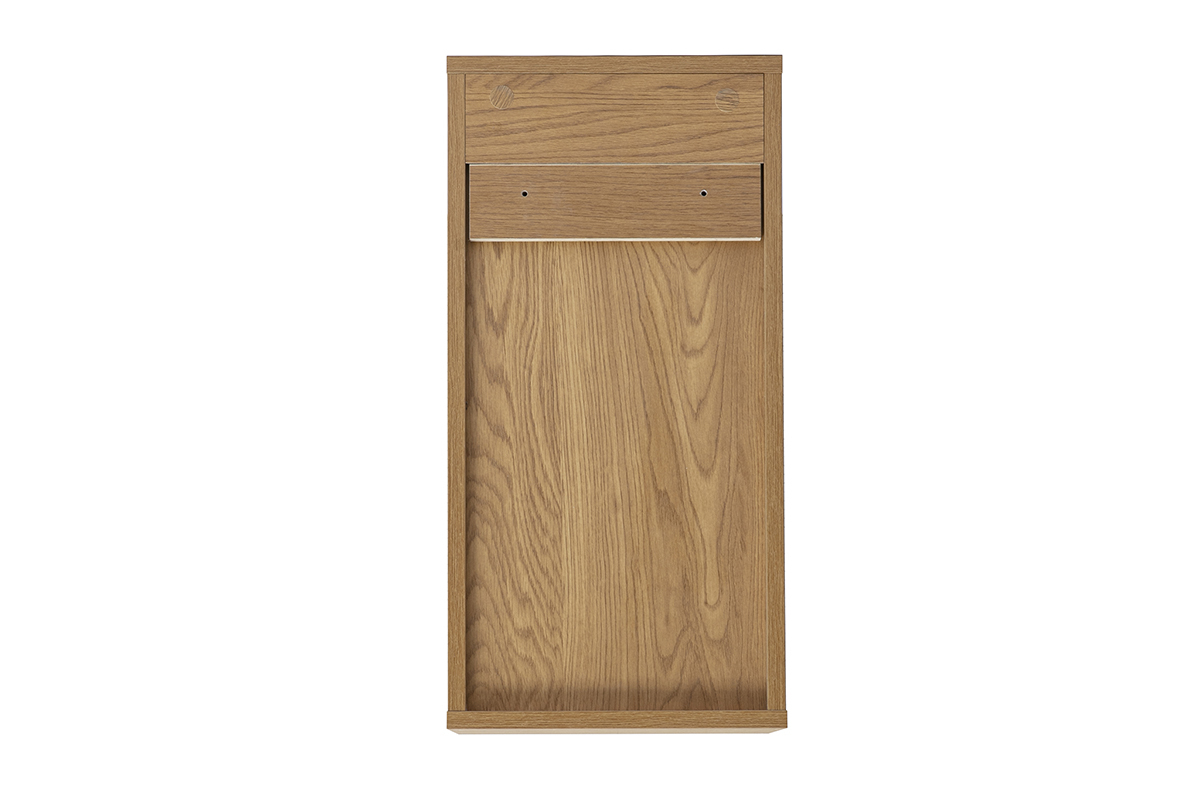 Contenitore da parete finitura in legno chiaro rovere, vista posteriore, formato verticale, dimensioni L30 x P30 x H60 cm.