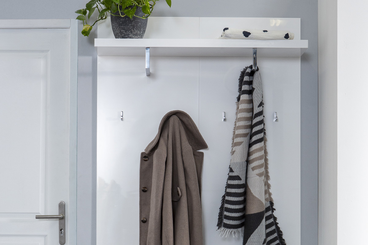 Mobile d'entrata laccato bianco con panchina 2 cassetti e mensola appendiabiti WELCOME