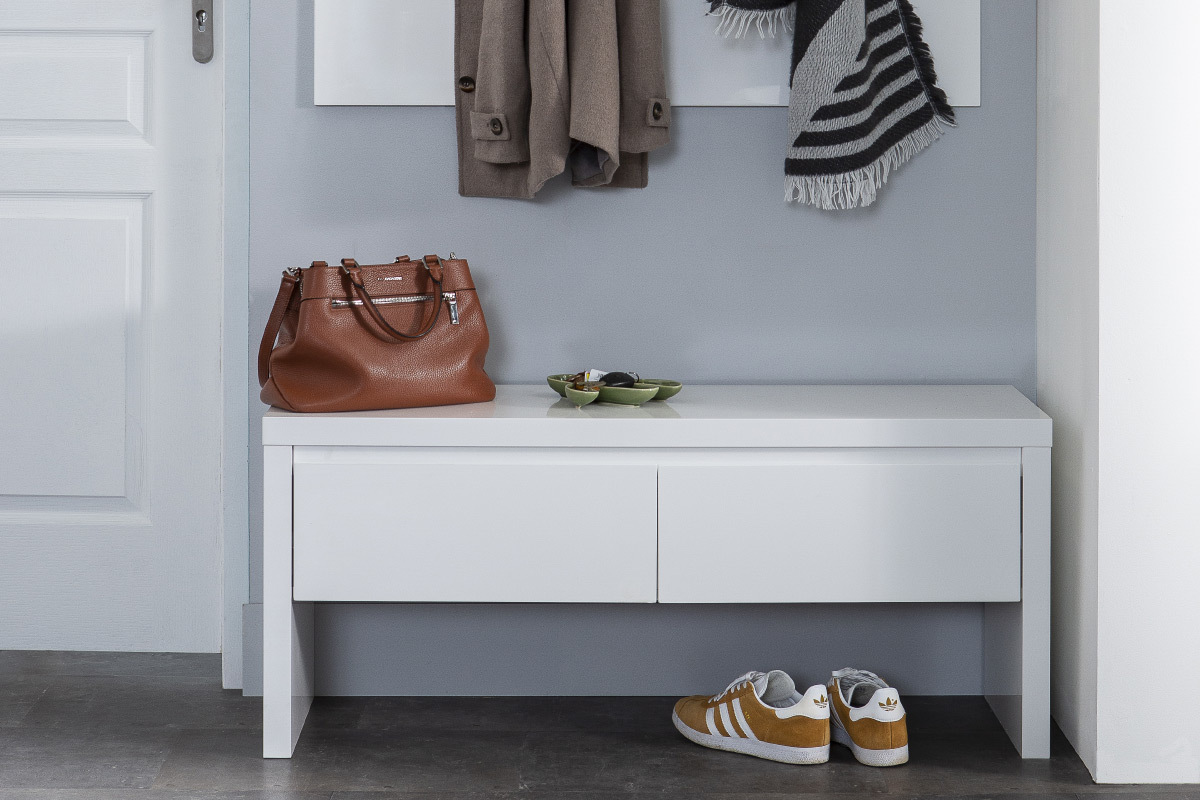 Mobile d'entrata laccato bianco con panchina 2 cassetti e mensola appendiabiti WELCOME