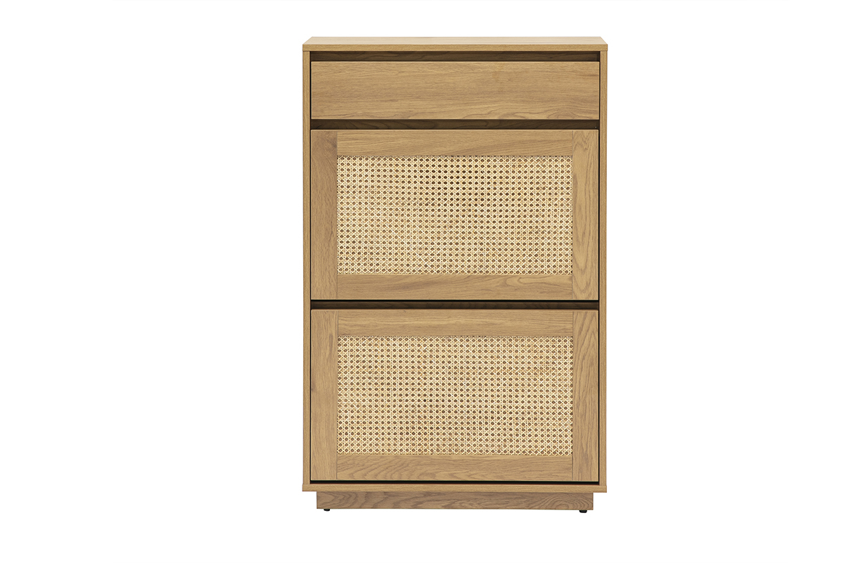 Mobile porta scarpe in legno chiaro e rattan, vista frontale.