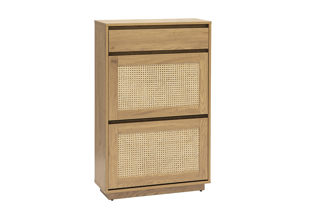 Mobile porta scarpe in finitura legno chiaro e intreccio di rattan, vista da 3/4.