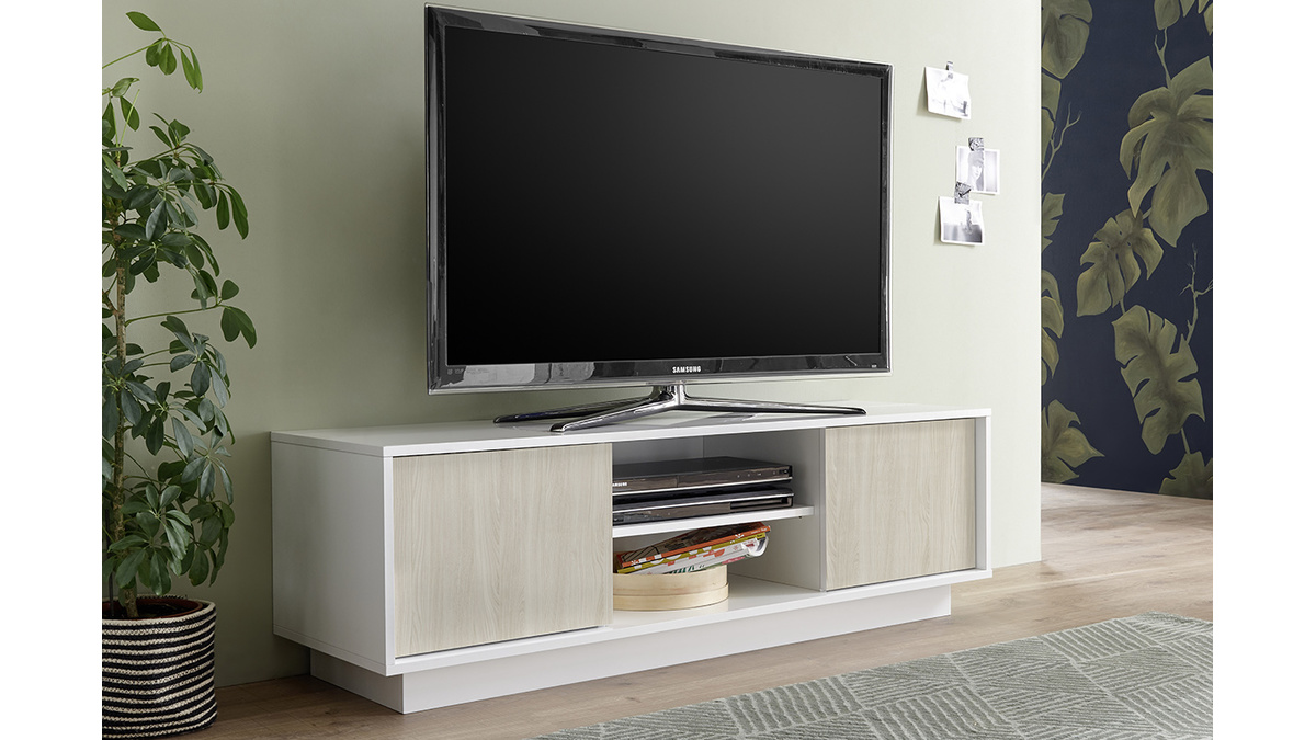 Mobile porta TV di design in laccato bianco lucido ed effetto rovere L138 cm HERO