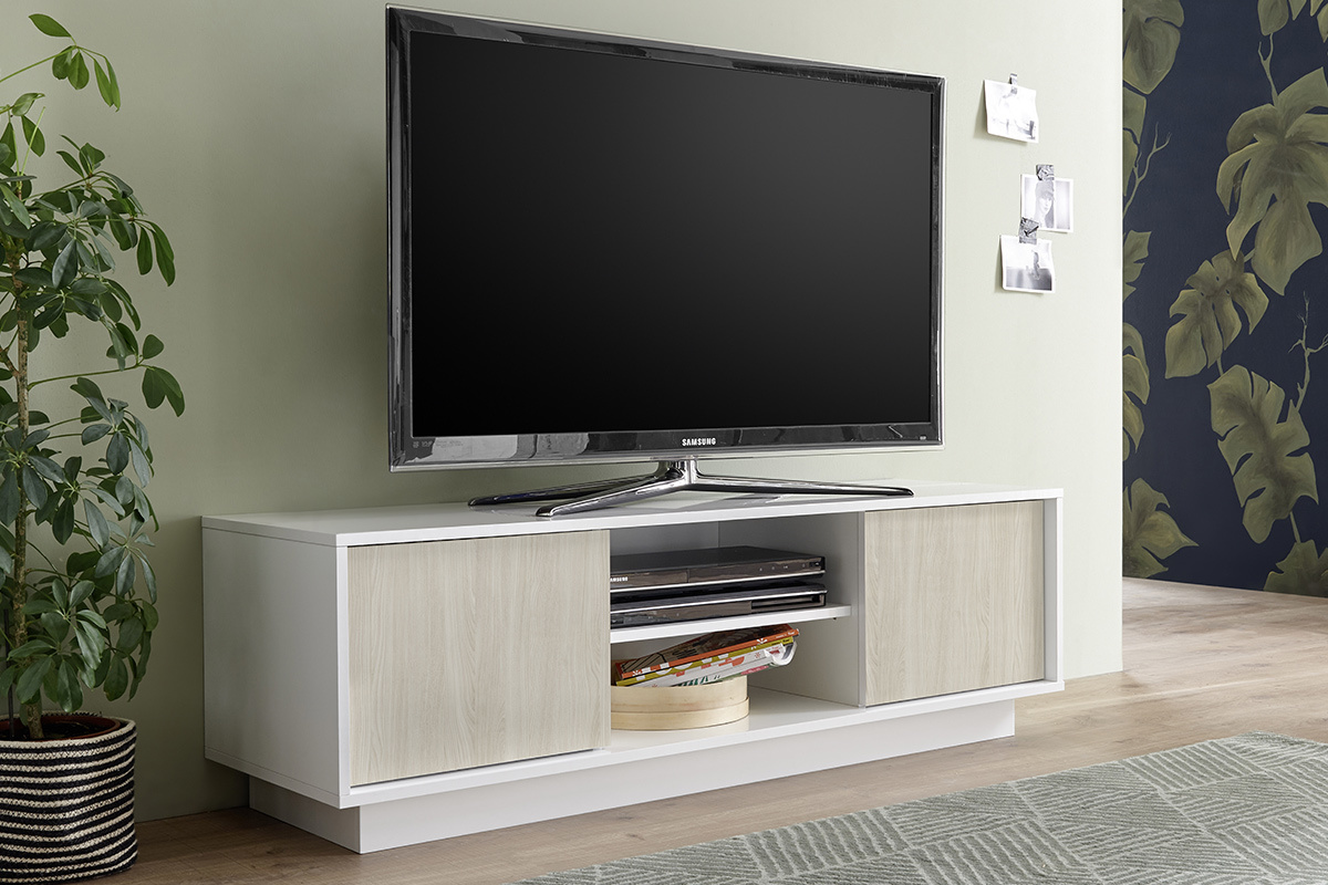 Mobile porta TV di design in laccato bianco lucido ed effetto rovere L138 cm HERO