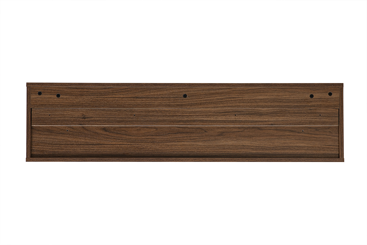 Mobile TV da parete con finitura in legno noce scuro, vista posteriore con due cassetti visibili.