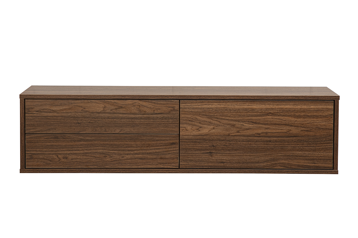 Mobile TV da parete finitura legno scuro noce L120 cm con due cassetti e un vano aperto.