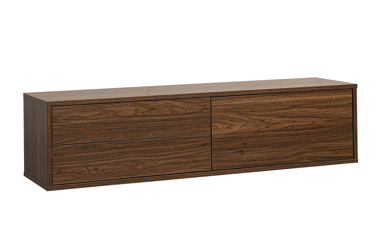 Meuble TV mural finitura legno scuro noce L120 cm FLEXO, vista a 3/4 con due cassetti e una nicchia.