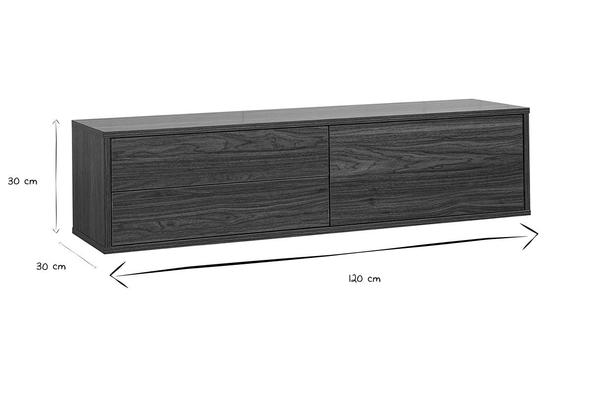 Dimensioni del mobile TV sospeso FLEXO in nero e bianco: 120 cm di lunghezza, 30 cm di altezza.