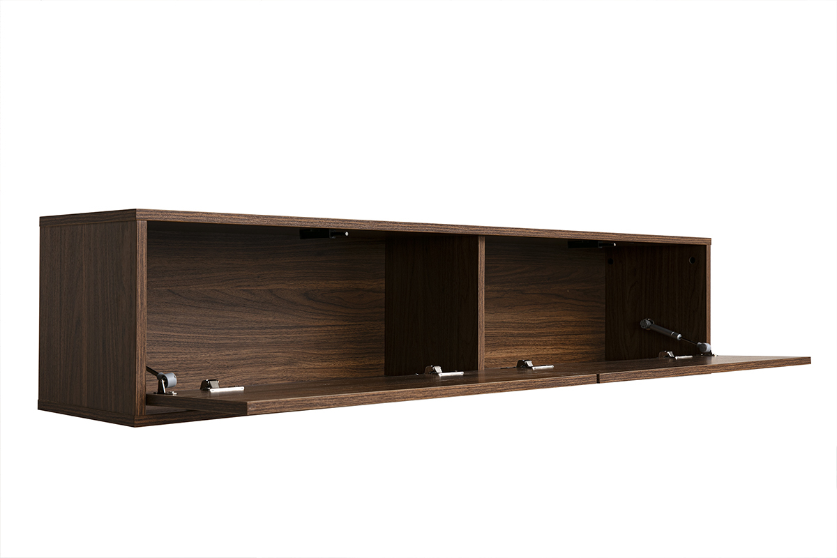 Meuble TV mural finition bois fonc� noyer, vue de 3/4, avec deux ouvertures sans poign�es.