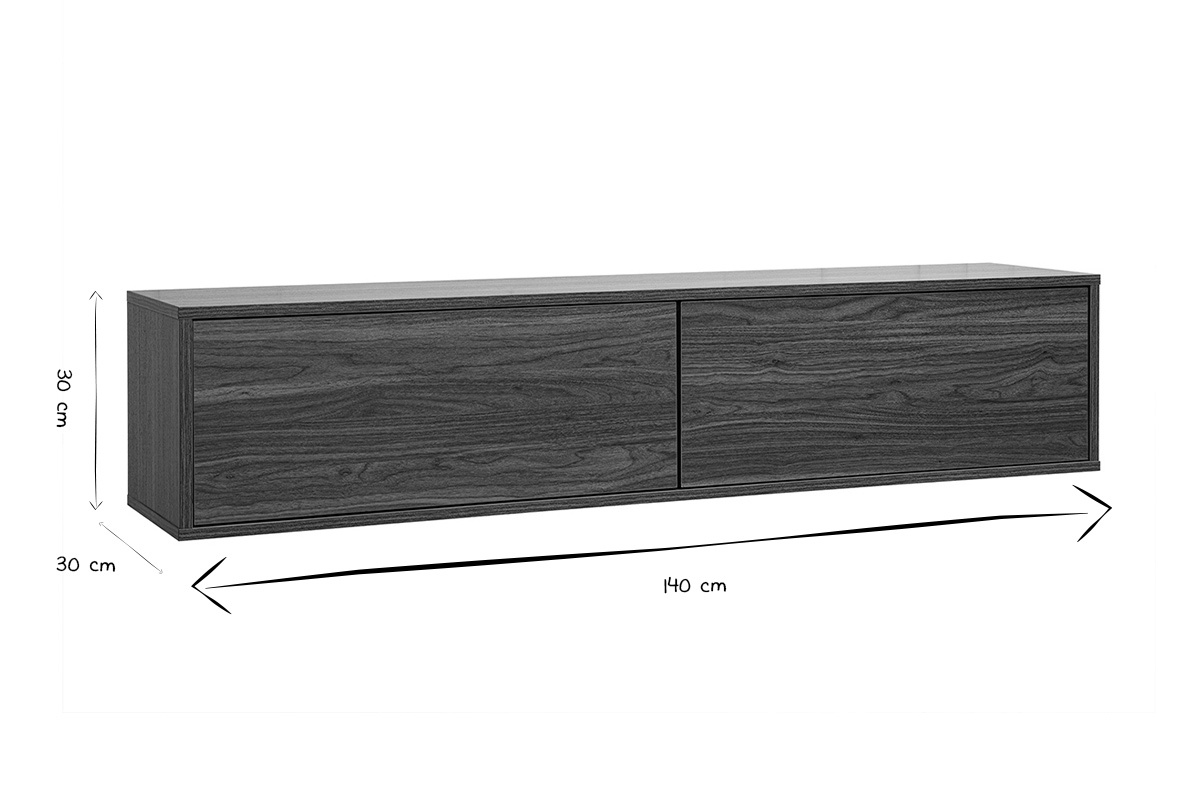 Dimensioni del mobile TV da parete FLEXO in nero e bianco, lungo 140 cm, alto 30 cm e profondo.