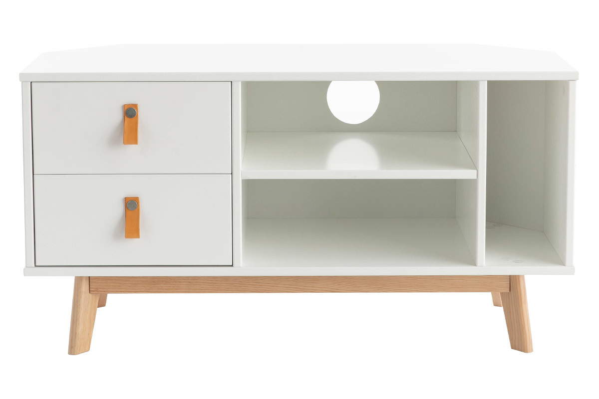 Mobile TV angolare scandinavo con cassetti bianco e legno ROHAN
