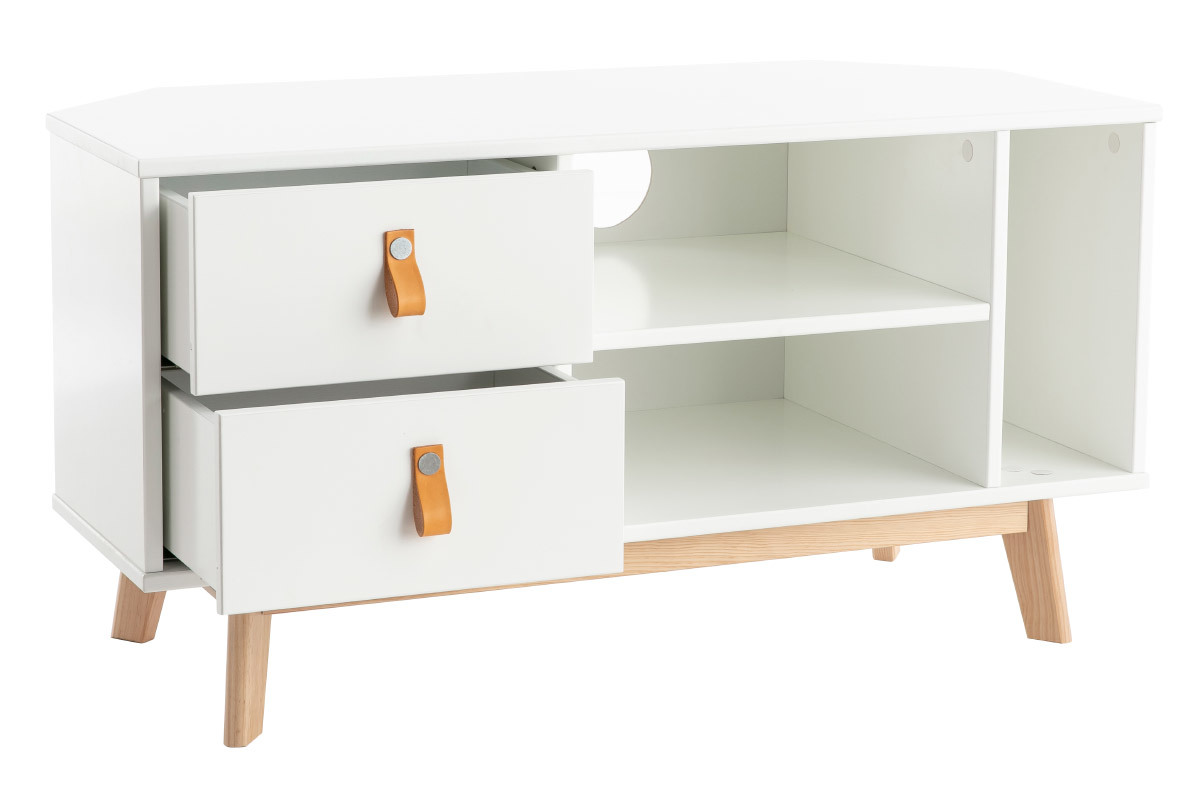 Mobile TV angolare scandinavo con cassetti bianco e legno ROHAN