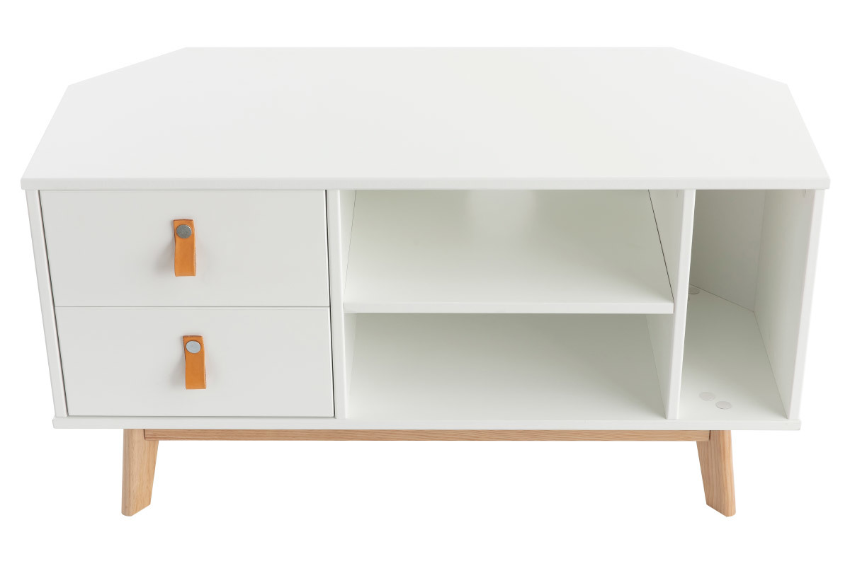 Mobile TV angolare scandinavo con cassetti bianco e legno ROHAN