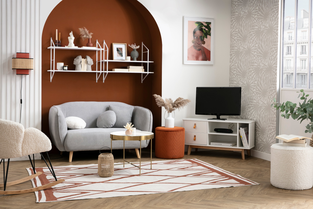 Mobile TV angolare scandinavo con cassetti bianco e legno ROHAN