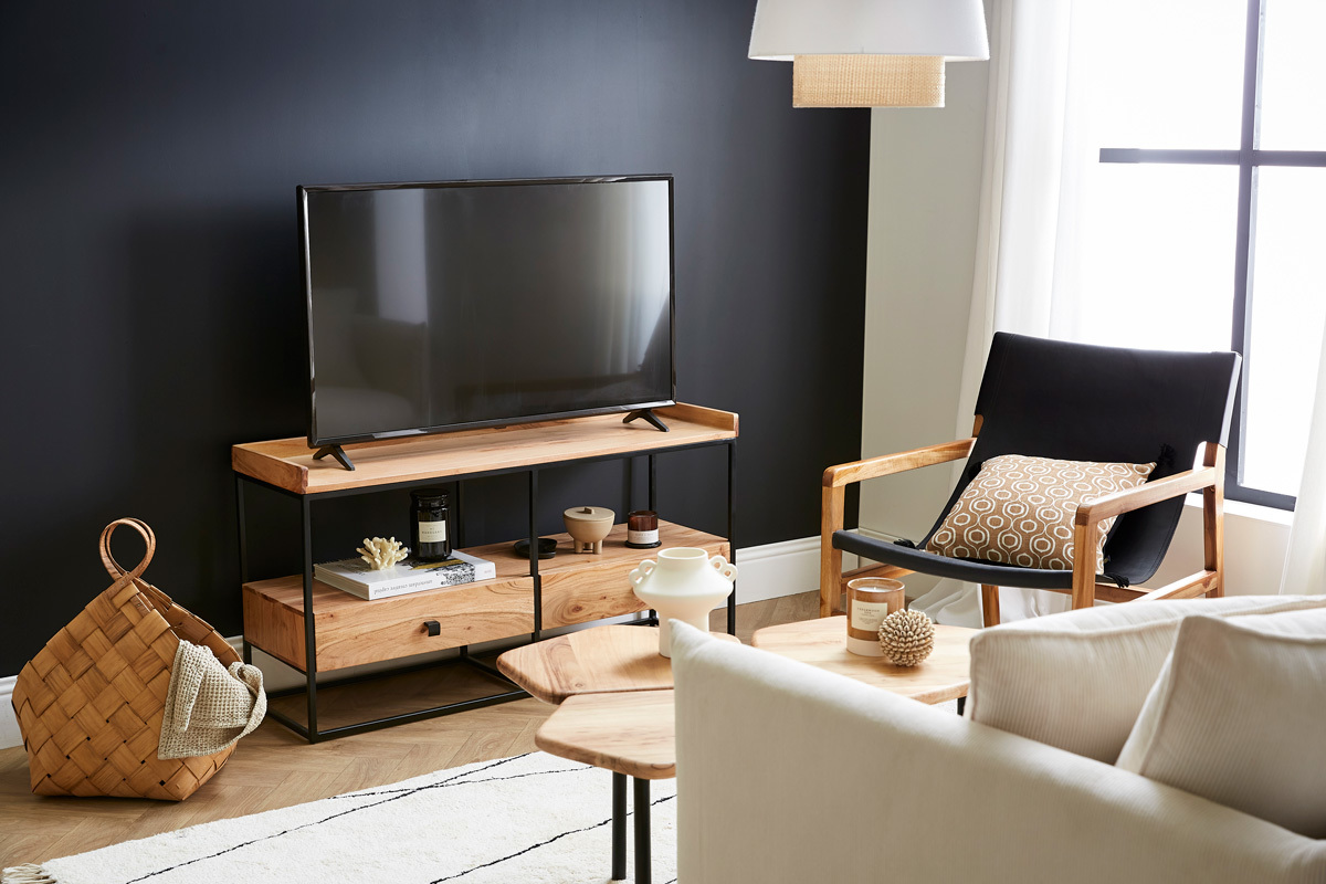 Mobile TV con cassetti in acacia e metallo nero L115 cm HERMANN