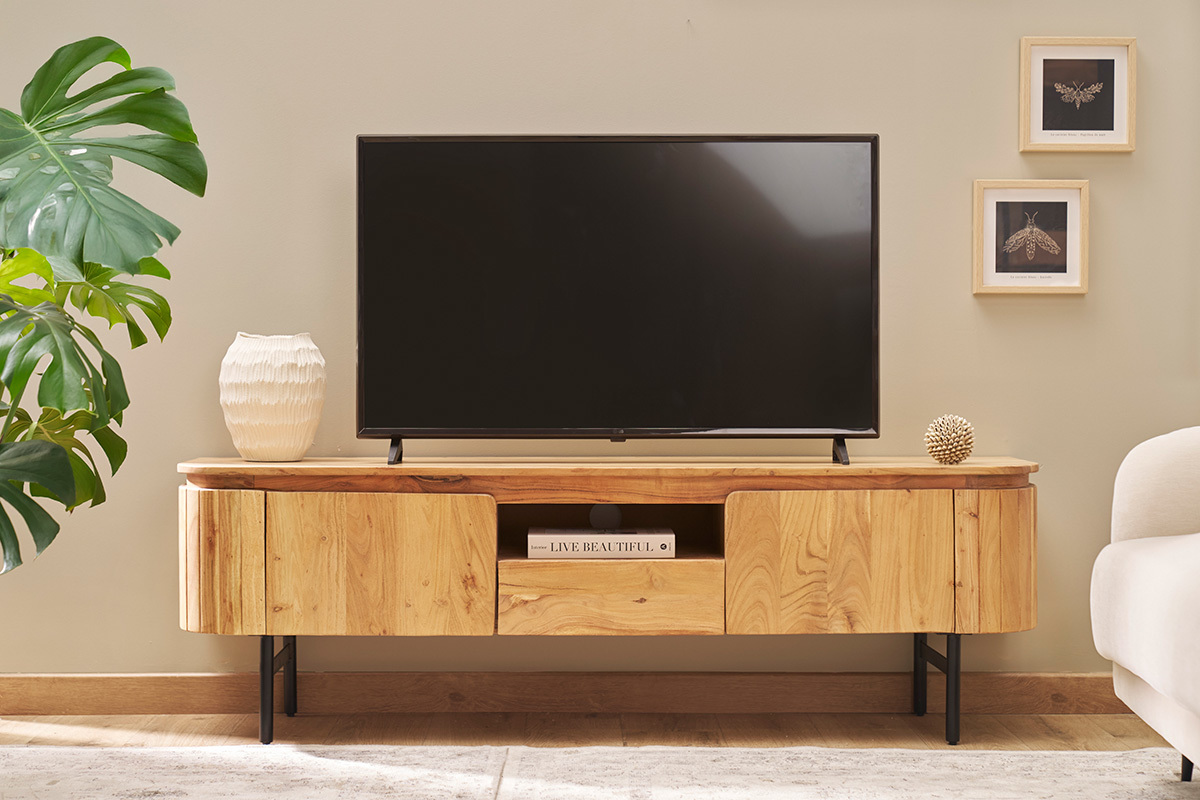 Mobile TV con vani contenitori in legno massello e metallo nero L160 cm NAPOLI