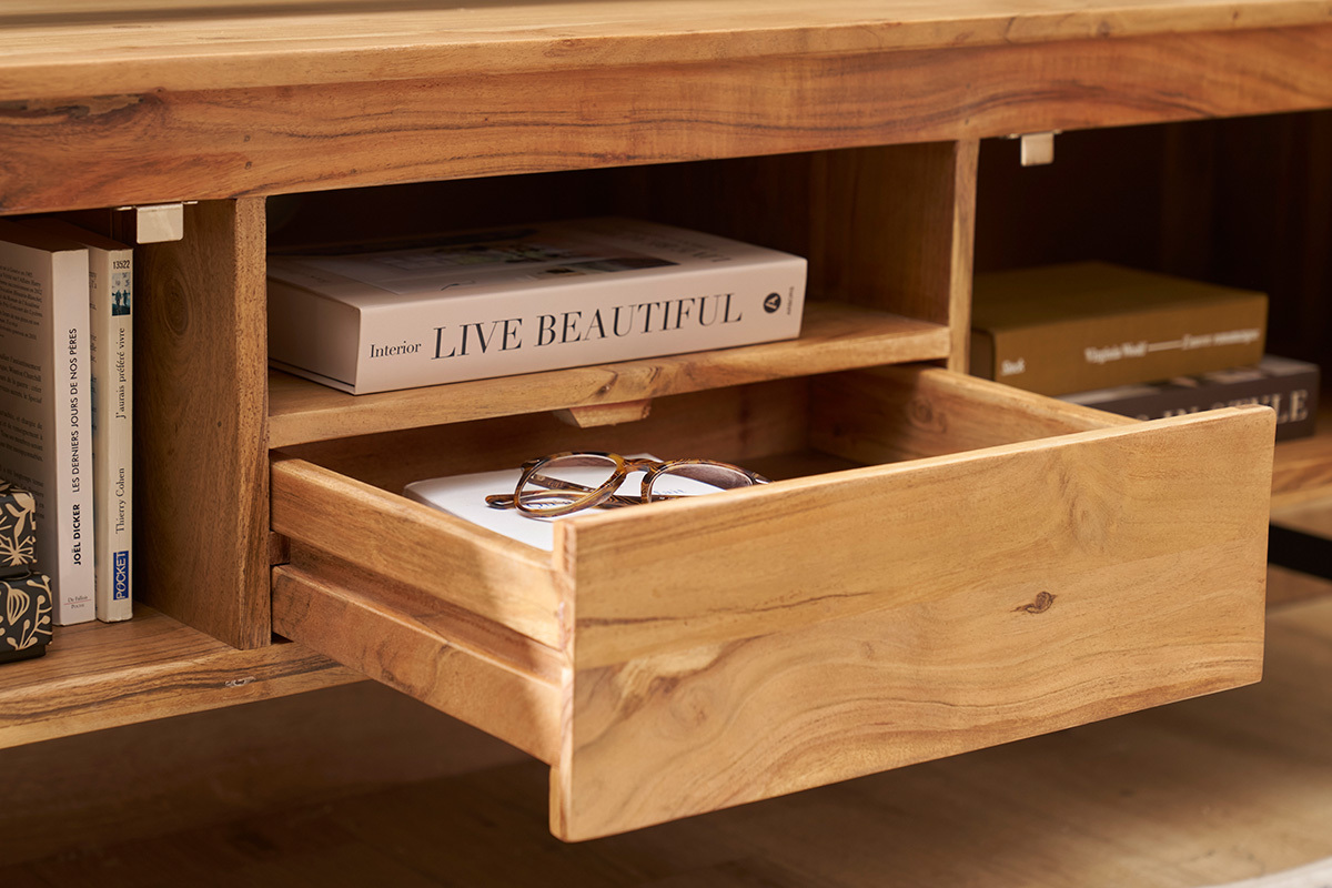 Mobile TV con vani contenitori in legno massello e metallo nero L160 cm NAPOLI