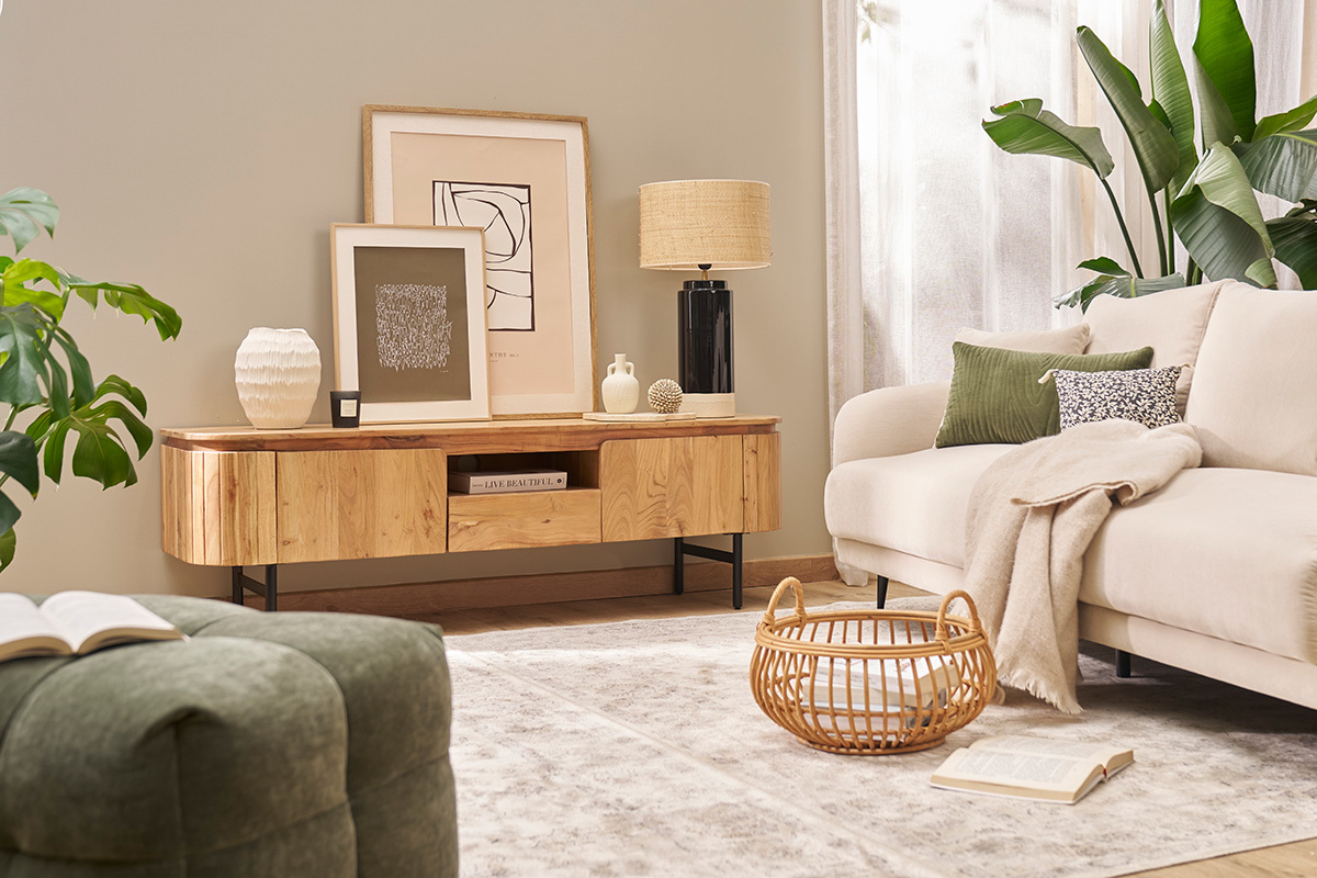 Mobile TV con vani contenitori in legno massello e metallo nero L160 cm NAPOLI