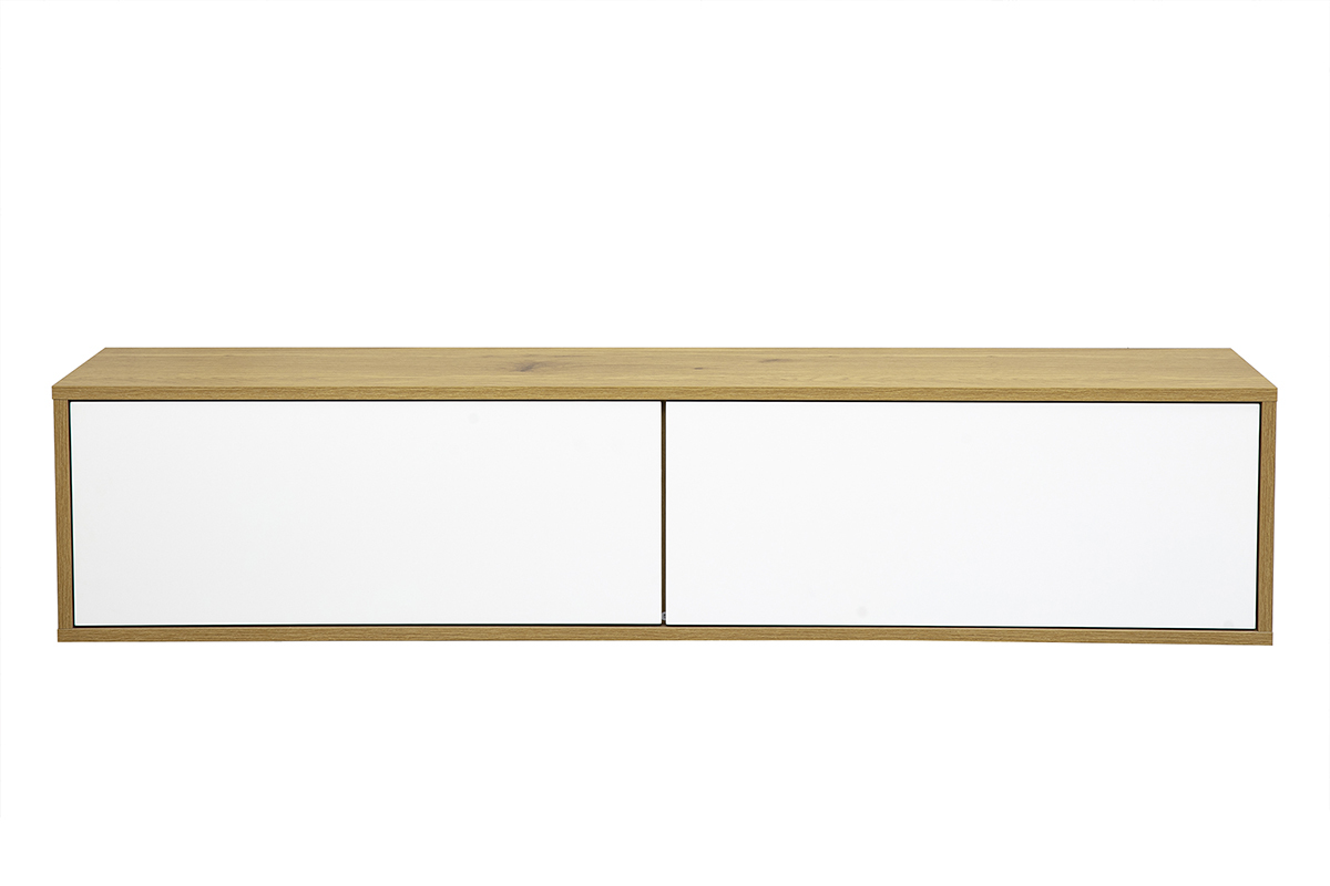 Mobile TV da parete finitura bianca e legno chiaro rovere, vista frontale.