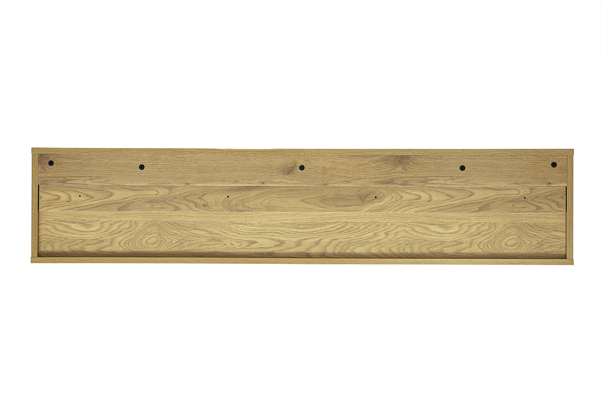 Mobile TV da parete in finitura bianca e legno chiaro rovere, vista posteriore, lunghezza 140 cm.