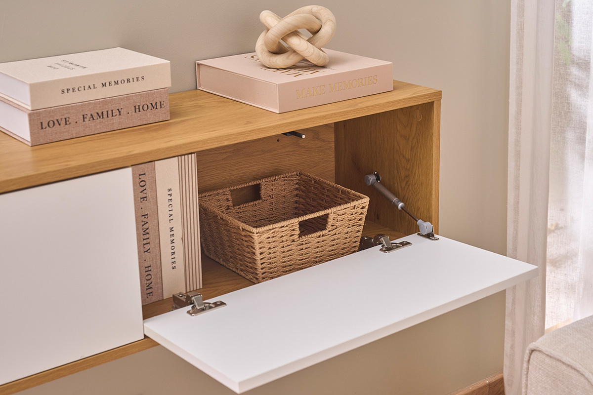 Mobile TV da parete finitura bianca e legno chiaro rovere L140 cm FLEXO