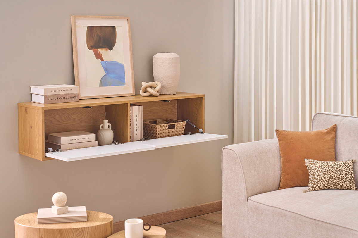 Mobile TV da parete finitura bianca e legno chiaro rovere L140 cm FLEXO