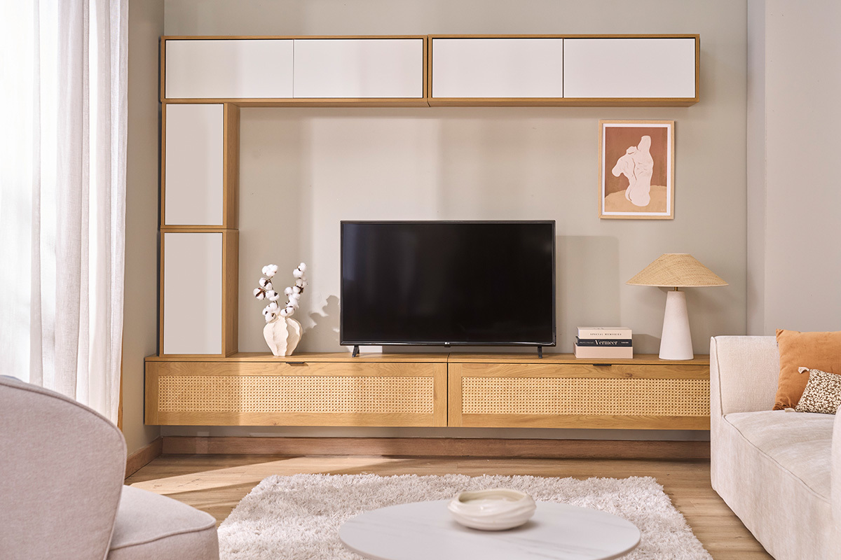 Mobile TV da parete finitura bianca e legno chiaro rovere L140 cm FLEXO