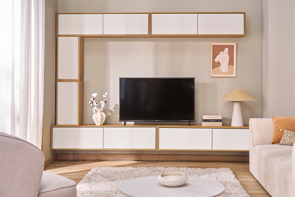 Mobile TV da parete finitura bianca e legno chiaro rovere L140 cm FLEXO