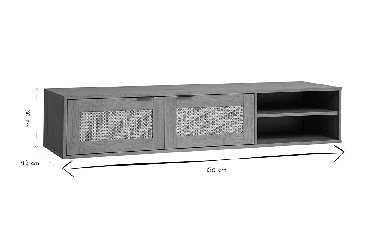 Dimensioni del mobile TV da parete MANILLE, L150 x P42 x H30 cm, in nero e bianco.