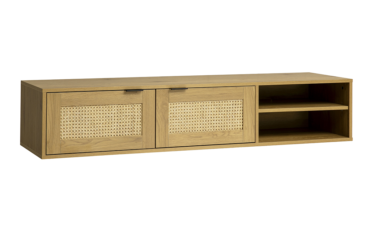 Mobile TV da parete in legno chiaro, intreccio in rattan, due porte, vista 3/4.
