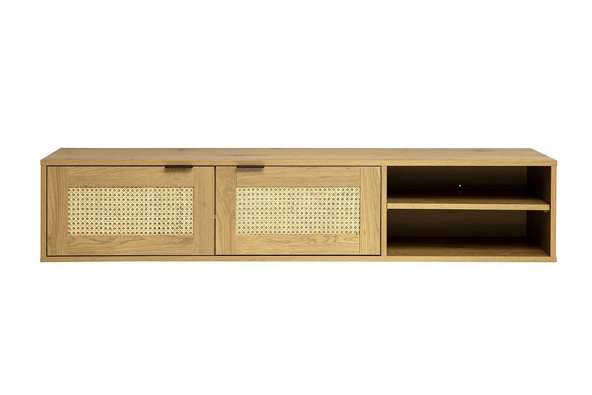 Mobile porta TV da parete in legno chiaro, intreccio in rattan, 2 porte, scomparti, vista frontale.