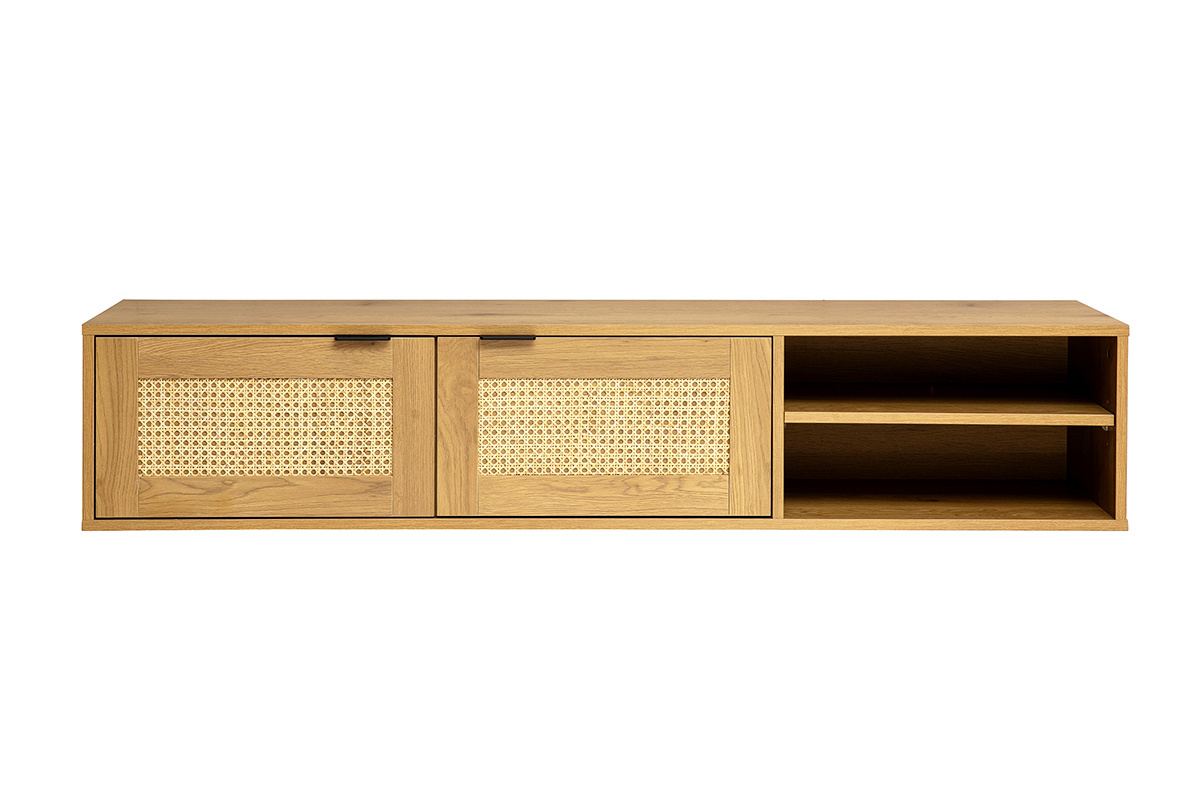 Mobile TV da parete finitura legno chiaro e intreccio in rattan 2 porte L150 cm MANILLE
