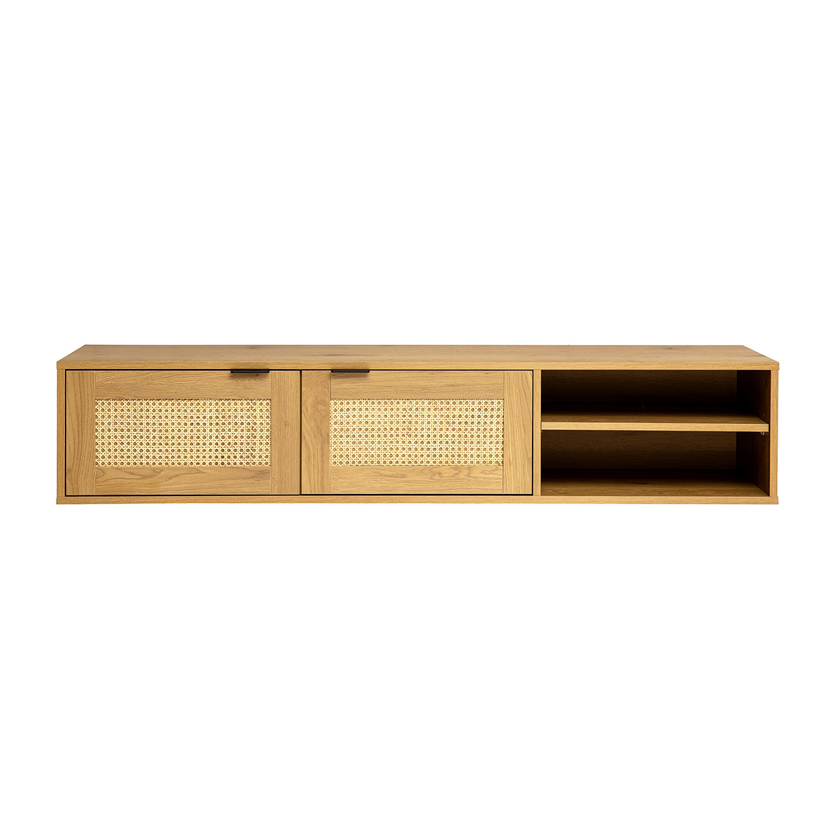 Mobile TV da parete finitura legno chiaro e intreccio in rattan 2 porte L150 cm MANILLE