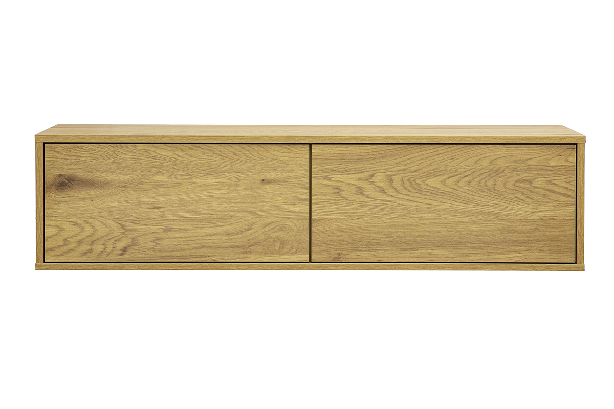 Meuble TV mural en bois clair ch�ne, vue de face, dimensions L120 cm