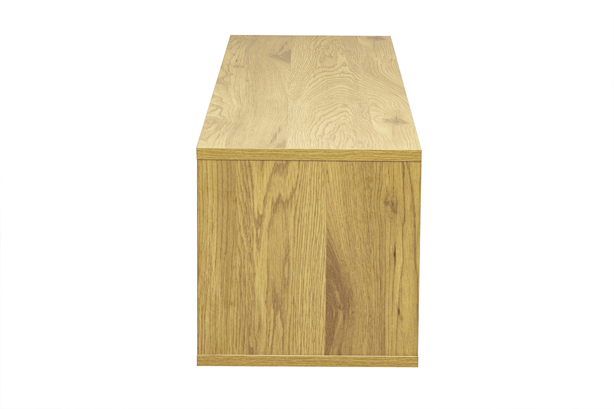 Mobile TV a parete in legno chiaro rovere, vista di profilo, dimensioni L120 x P30 x H30 cm.