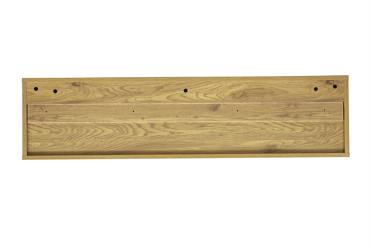 Vista posteriore del mobile TV sospeso FLEXO in finitura legno chiaro rovere, dimensioni L120 cm.