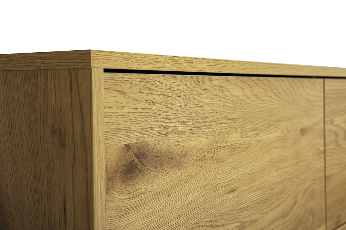 Dettaglio del mobile TV sospeso FLEXO finitura legno chiaro rovere, vista ravvicinata